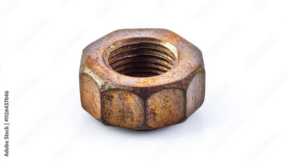 Rusty metal nut on a clean white background showcasing industrial hardware and detailed texture for design and engineering concepts. Rusty metal nut on a clean white background showcasing industrial hardware and detailed texture for design and engineering concepts.