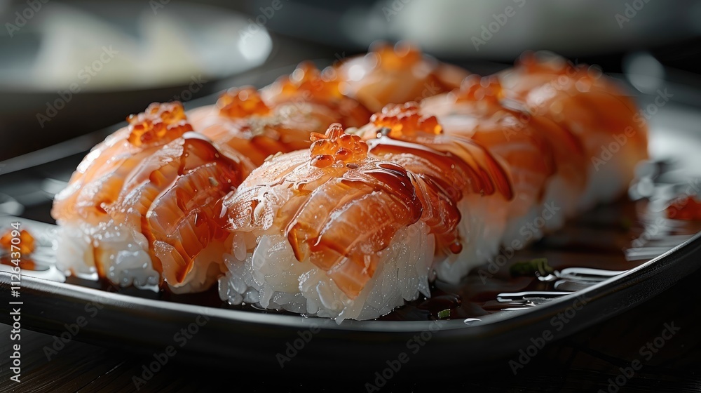 A plate of sushi on black background. A plate of sushi on black background.