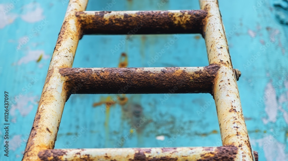 Rusty metal ladder leading upward in an abandoned building with peeling paint and a weathered texture. Ideal for urban exploration themes. Rusty metal ladder leading upward in an abandoned building with peeling paint and a weathered texture. Ideal for urban exploration themes.
