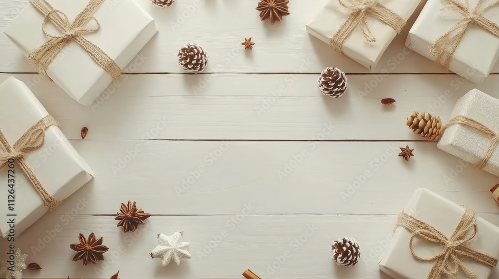 Stylish flat lay of wrapped Christmas gifts and seasonal decorations on rustic wood background for holiday greetings and festive occasions Stylish flat lay of wrapped Christmas gifts and seasonal decorations on rustic wood background for holiday greetings and festive occasions