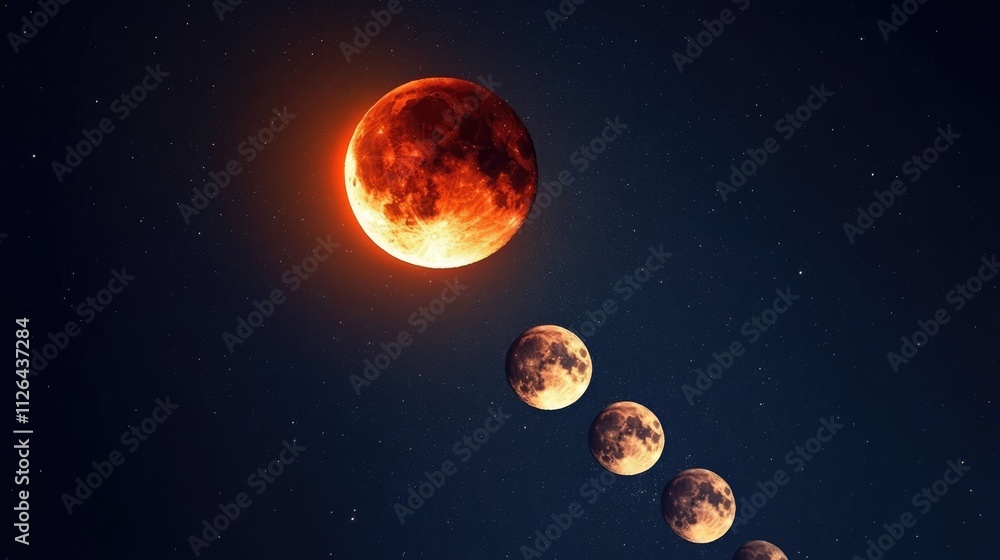 Naklejka premium Lunar Eclipse Sequence with Earths Moon in Different Phases Against a Starry Night Sky