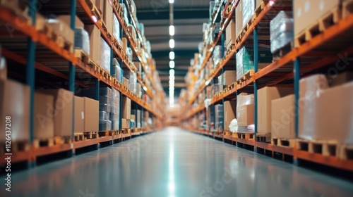 Industrial warehouse interior with blurred shelves and pallets stacked with cardboard boxes, creating a sense of depth and perspective.