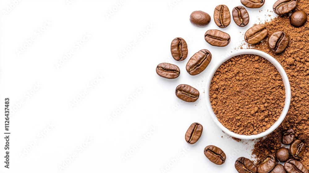A photostock of finely ground coffee spread across a seamless white background, highlighting its rich brown color and aromatic texture. High Quality A photostock of finely ground coffee spread across a seamless white background, highlighting its rich brown color and aromatic texture. High Quality