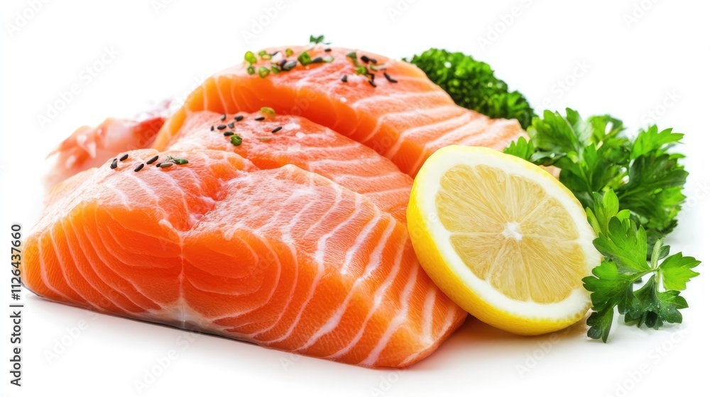 Fresh salmon sashimi fillets with lemon and herbs on a white background for gourmet food or culinary presentations Fresh salmon sashimi fillets with lemon and herbs on a white background for gourmet food or culinary presentations
