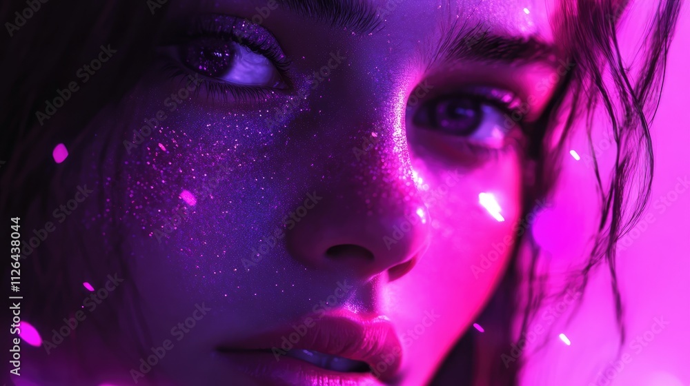 Close-up portrait of a young woman with glittering face and purple lighting creating a dreamy, artistic effect with soft focus and shadows. Close-up portrait of a young woman with glittering face and purple lighting creating a dreamy, artistic effect with soft focus and shadows.