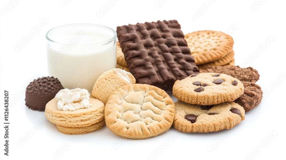 Assorted cookies with glass of milk arranged on a white background for a delightful sweet treat concept Assorted cookies with glass of milk arranged on a white background for a delightful sweet treat concept