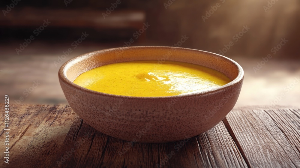 A smooth, vibrant yellow sauce in a rustic bowl on a wooden surface. A smooth, vibrant yellow sauce in a rustic bowl on a wooden surface.