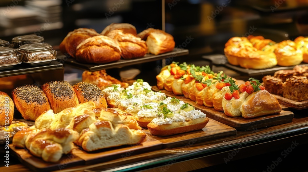 Fototapeta premium artisan bakery display featuring assorted pastries and breads for breakfast selection