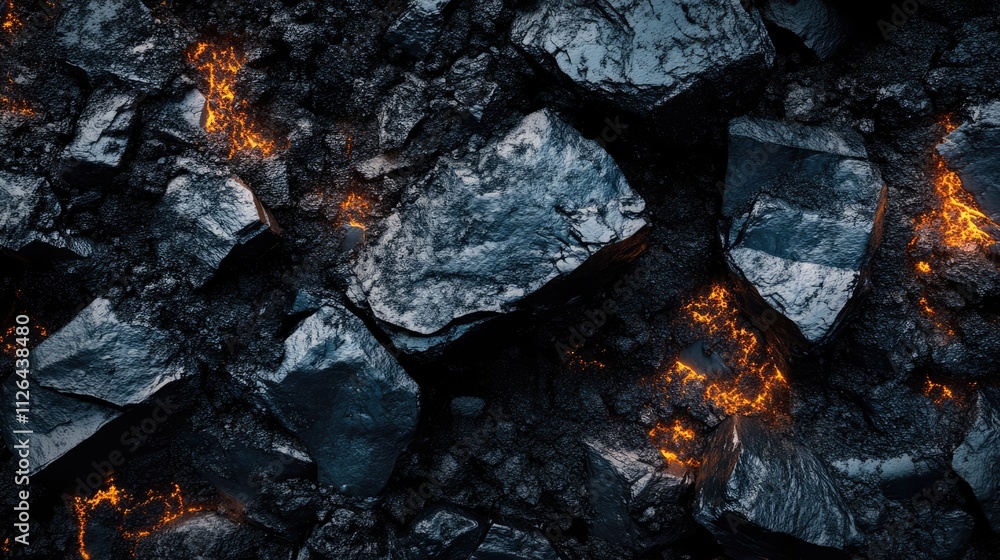 Coal mining texture with black coal stones and orange glowing details as a background for industrial or environmental themes. Coal mining texture with black coal stones and orange glowing details as a background for industrial or environmental themes.