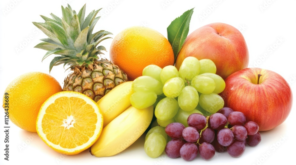 Assorted fresh mixed fruits arranged on a white background showcasing vibrant colors and variety in texture and shape. Assorted fresh mixed fruits arranged on a white background showcasing vibrant colors and variety in texture and shape.