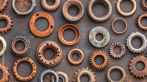 Rusty industrial scrap metal pieces arranged for recycling background showcasing various shapes and textures of recycled materials photo