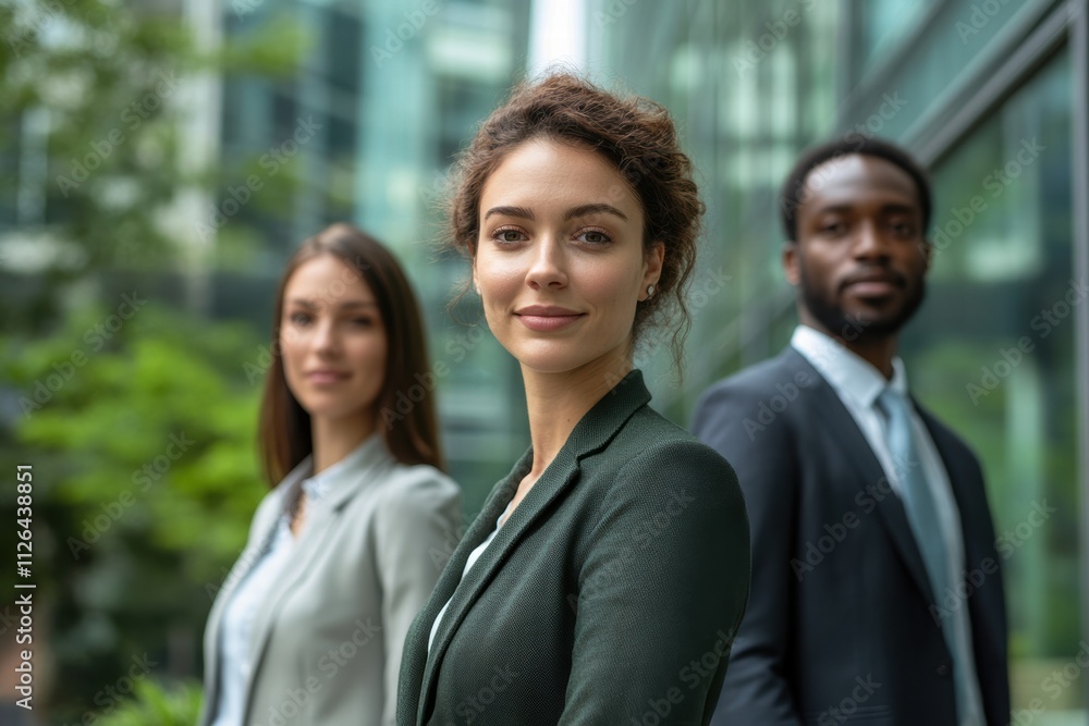 Three diverse professionals in formal attire stand confidently outdoors with a modern office building in the background. Three diverse professionals in formal attire stand confidently outdoors with a modern office building in the background.
