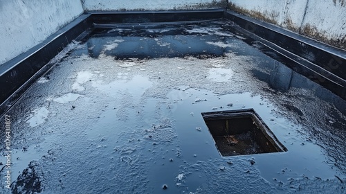 Storm drain on a weathered bitumen roof with rain puddles highlighting the issues of leaks in aging residential buildings photo