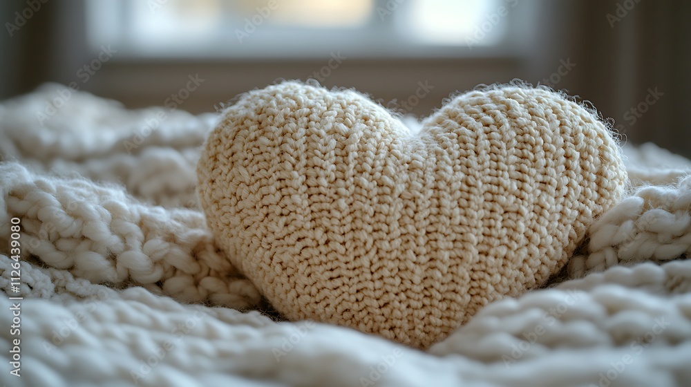 Heart-Shaped Knitted Piece Resting on Soft Blanket Heart-Shaped Knitted Piece Resting on Soft Blanket