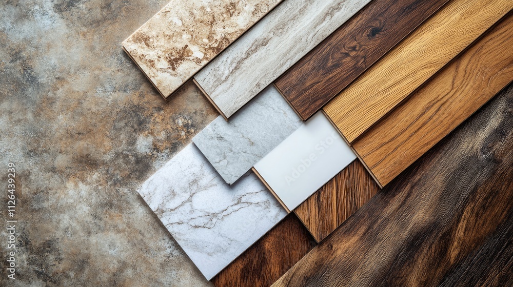 Mood board showcasing diverse interior design material samples including travertine, marble, quartz, walnut, and various flooring options. Mood board showcasing diverse interior design material samples including travertine, marble, quartz, walnut, and various flooring options.