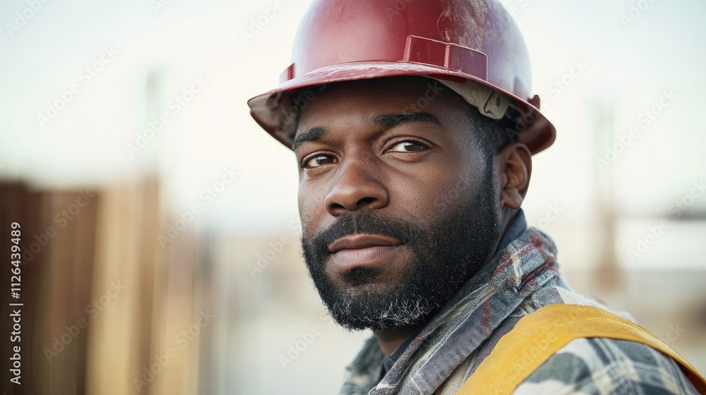 Portrait of a confident construction worker wearing a hard hat and reflective vest on a construction site showcasing dedication and expertise Portrait of a confident construction worker wearing a hard hat and reflective vest on a construction site showcasing dedication and expertise