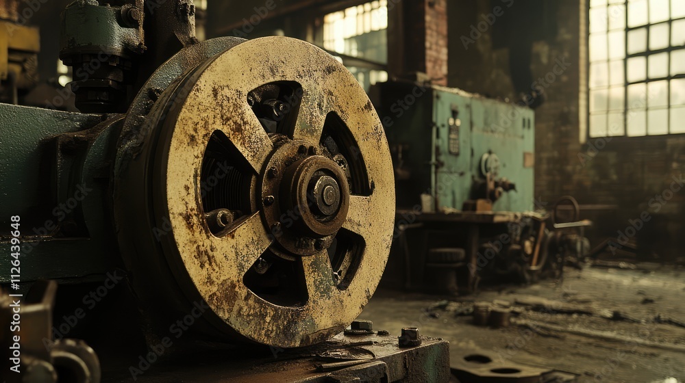 Rusty industrial machinery with an old pulley in a dimly lit workshop environment showcasing the beauty of vintage steel work. Rusty industrial machinery with an old pulley in a dimly lit workshop environment showcasing the beauty of vintage steel work.