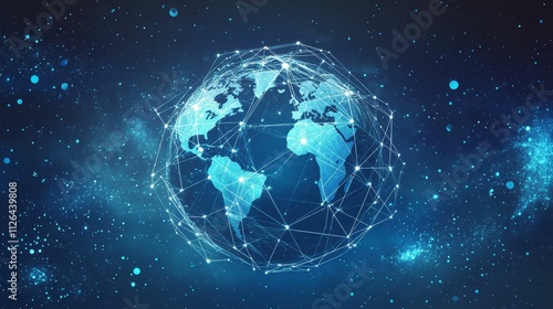 Global network, glowing lines, cosmic background.