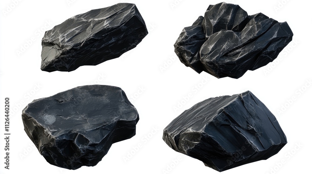 Collection of four distinct pieces of coal on white background showcasing various shapes and textures of natural coal blocks. Collection of four distinct pieces of coal on white background showcasing various shapes and textures of natural coal blocks.