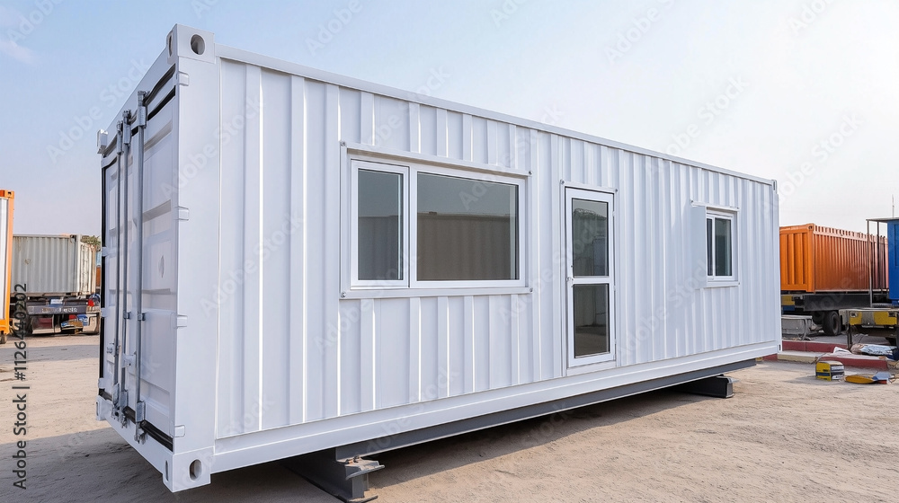 A white container with a door and windows A white container with a door and windows