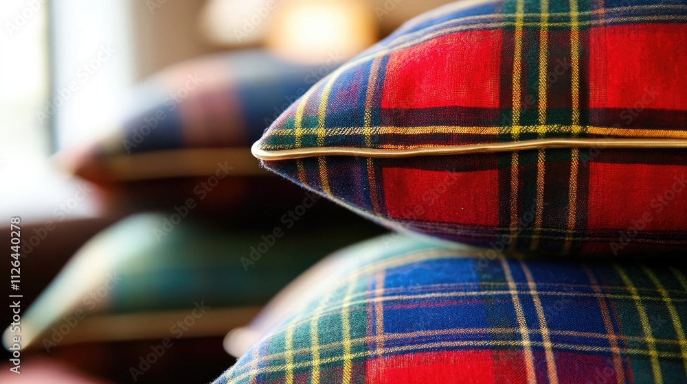Scottish tartan cushions showcasing vibrant colors and traditional patterns in a cozy interior setting Scottish tartan cushions showcasing vibrant colors and traditional patterns in a cozy interior setting