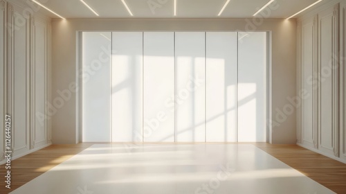 Modern minimalist bedroom featuring a spacious wardrobe with white and transparent doors illuminated by natural light in a new house interior.