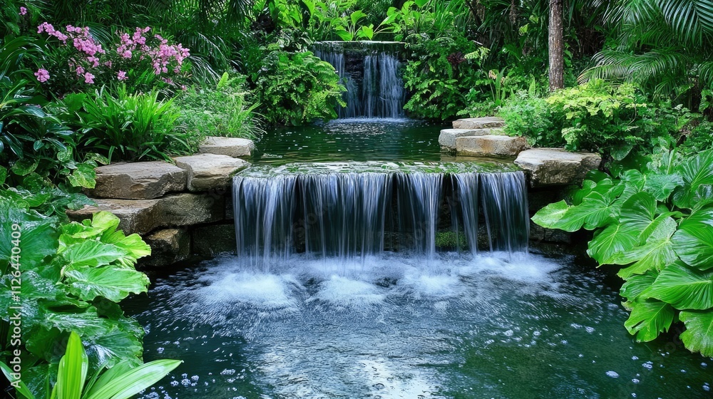 Tranquil natural waterfall cascading into lush greenery creating a serene river environment in a tropical garden setting