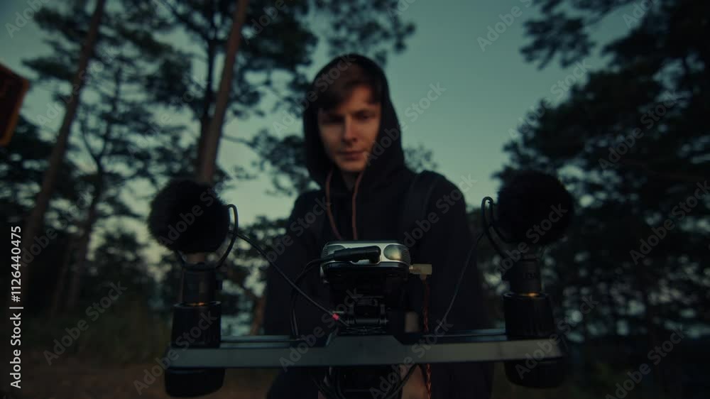 A young man is holding a microphone amidst a serene forest setting, surrounded by nature A young man is holding a microphone amidst a serene forest setting, surrounded by nature