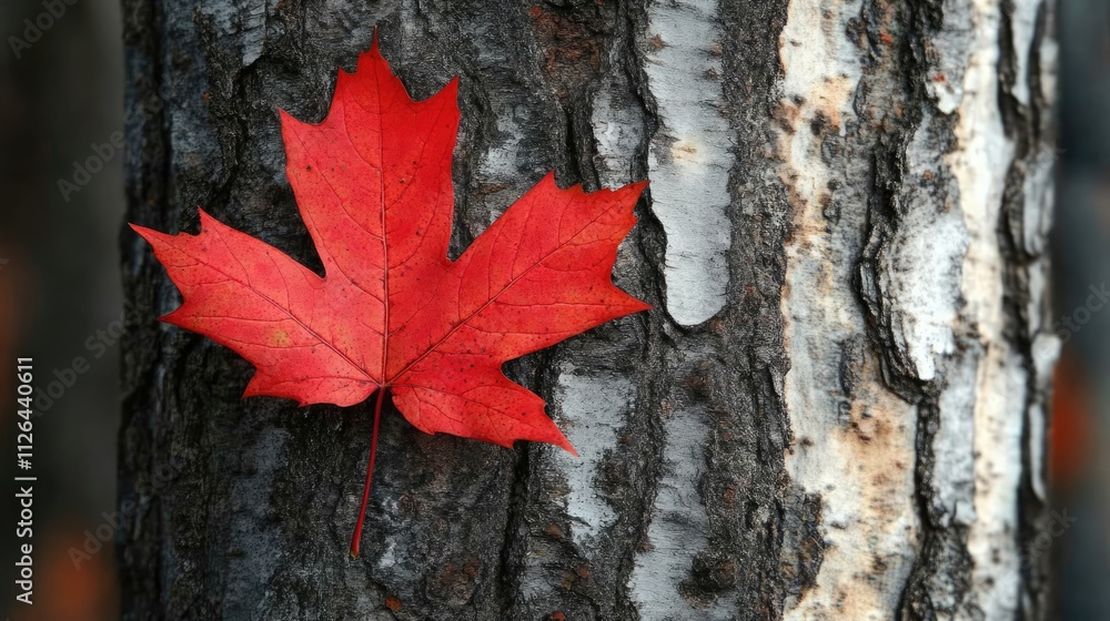 Vibrant red maple leaf contrasting against textured tree bark in a natural autumn setting Vibrant red maple leaf contrasting against textured tree bark in a natural autumn setting