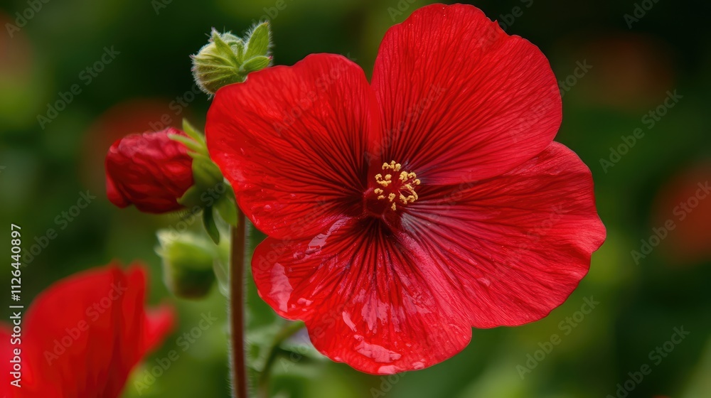 Vibrant red flower with water droplet showcasing nature's beauty and delicate details in a lush green background Vibrant red flower with water droplet showcasing nature's beauty and delicate details in a lush green background