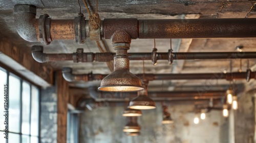 Industrial ceiling with metal pipes and vintage lighting showcasing an urban waste water and water system design in a modern building.