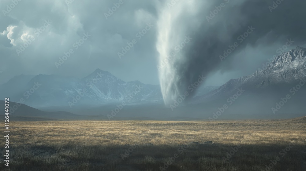 A tornado forming over a prairie with a distant mountain range covered in snow, the contrast between the snow and the storm rendered in ultra detailed 8k smooth resolution A tornado forming over a prairie with a distant mountain range covered in snow, the contrast between the snow and the storm rendered in ultra detailed 8k smooth resolution