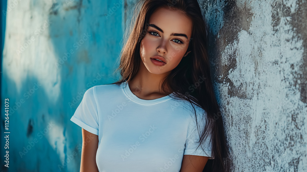 Fototapeta premium Model posing in a plain t-shirt against a street wall.