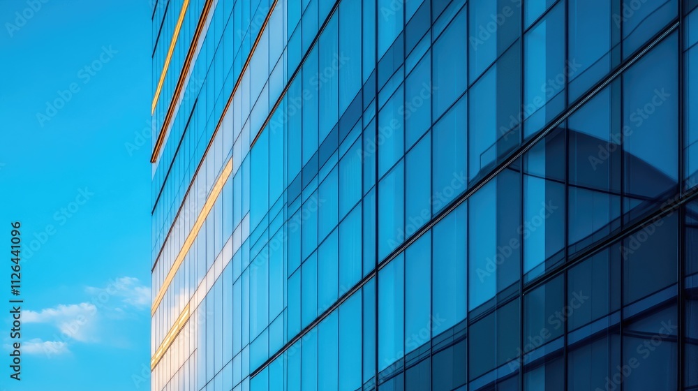 Modern office building exterior with reflective glass windows in urban business center under clear blue sky. Modern office building exterior with reflective glass windows in urban business center under clear blue sky.