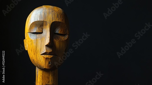 Wooden mannequin head sculpture against a dark background showcasing craftsmanship and artistic design in minimalist style photo