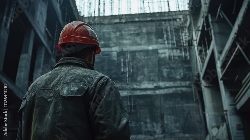 Construction worker in hard hat surveying industrial site with tools in hand during a building project progress inspection.