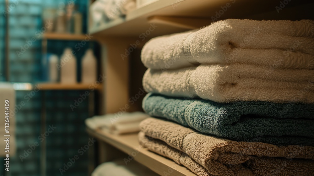 neatly arranged stack of soft towels in a modern bathroom shelf with personal care products in a serene setting neatly arranged stack of soft towels in a modern bathroom shelf with personal care products in a serene setting
