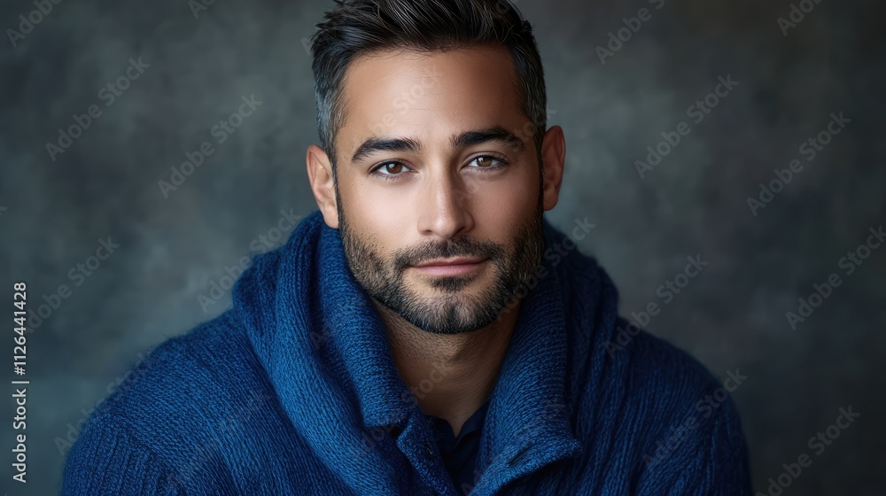 Fototapeta premium Portrait of a confident man with short dark hair and a well-groomed beard, wearing a cozy blue sweater, against a neutral grey backdrop, portrait, lifestyle, fashion.