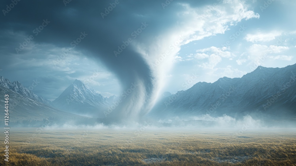A tornado forming over a prairie with a distant mountain range covered in snow, the contrast between the snow and the storm rendered in ultra detailed 8k smooth resolution A tornado forming over a prairie with a distant mountain range covered in snow, the contrast between the snow and the storm rendered in ultra detailed 8k smooth resolution