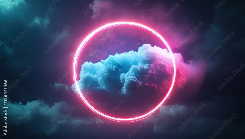 Glowing neon circle with colorful smoke on a dark background. Glowing neon circle with colorful smoke on a dark background.