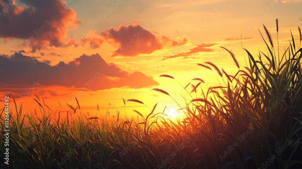 Lush sugar cane field silhouetted against a vibrant sunset sky with colorful clouds and warm hues creating a serene landscape atmosphere. Lush sugar cane field silhouetted against a vibrant sunset sky with colorful clouds and warm hues creating a serene landscape atmosphere.