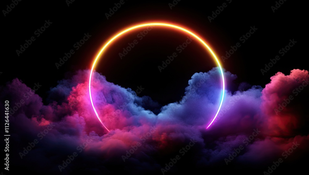 Glowing neon circle with colorful smoke on a dark background. Glowing neon circle with colorful smoke on a dark background.