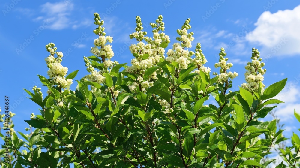 Vibrant shrub with fresh foliage and budding flowers against a clear blue sky in a spring park setting Vibrant shrub with fresh foliage and budding flowers against a clear blue sky in a spring park setting