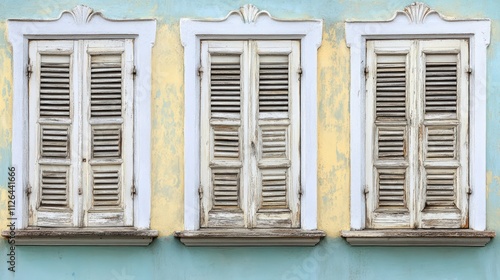 Wallpaper Mural Weathered white colonial-style windows with wooden shutters set against a faded pastel wall, complemented by an industrial backdrop, architecture, urban, vintage charm. Torontodigital.ca