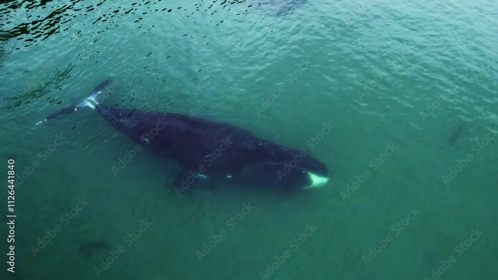 One giant bowhead whale swimming alone in blue ocean water, Aerial view bowhead whale spouting. Whale watching of migrate Baleen whales in Shantar islands. Wildlife marine mammals. Drone bird-eye shot One giant bowhead whale swimming alone in blue ocean water, Aerial view bowhead whale spouting. Whale watching of migrate Baleen whales in Shantar islands. Wildlife marine mammals. Drone bird-eye shot