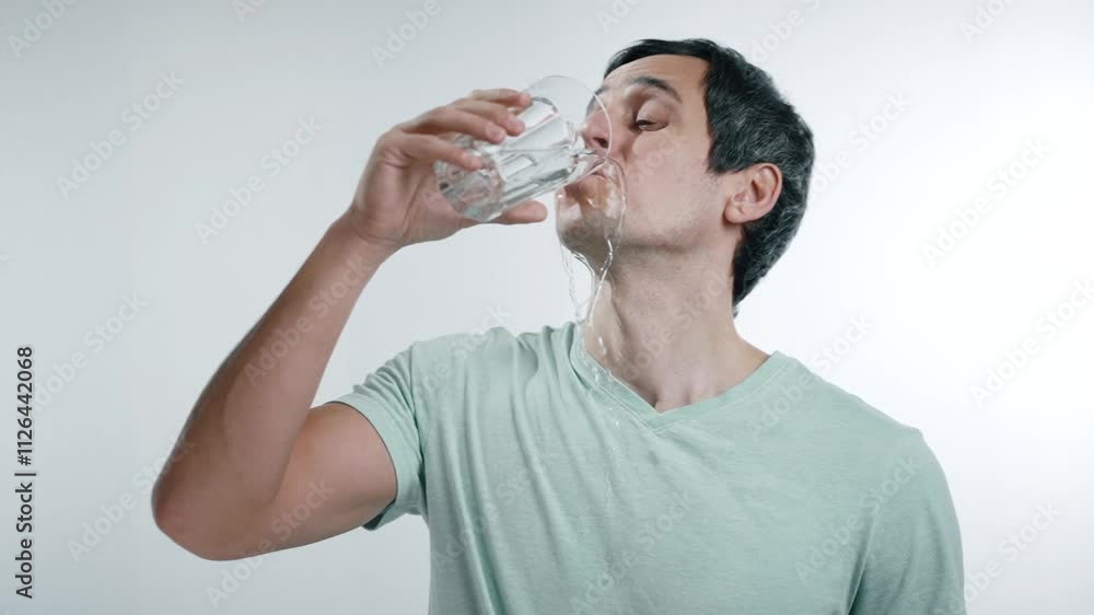 Man Drinking Water and Accidentally Spilling It on Himself Man Drinking Water and Accidentally Spilling It on Himself
