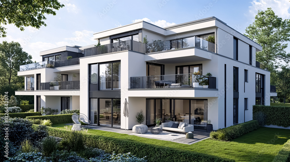 A modern multi-family residential development in a new urban area. A modern multi-family residential development in a new urban area.