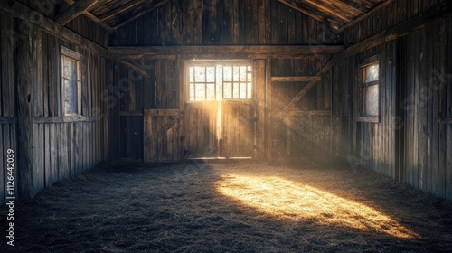 Wallpaper Mural Rustic wooden stable interior with sunlit window and warm light casting shadows on straw floor creating a serene atmosphere Torontodigital.ca