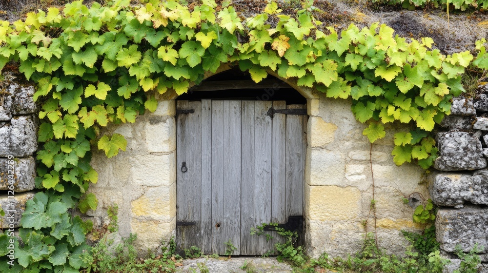 Weathered wooden door of an old wine cellar, framed by lush green grapevines and rustic stone walls, conveying a sense of history, solitude, vintage charm, agriculture, wine production. Weathered wooden door of an old wine cellar, framed by lush green grapevines and rustic stone walls, conveying a sense of history, solitude, vintage charm, agriculture, wine production.