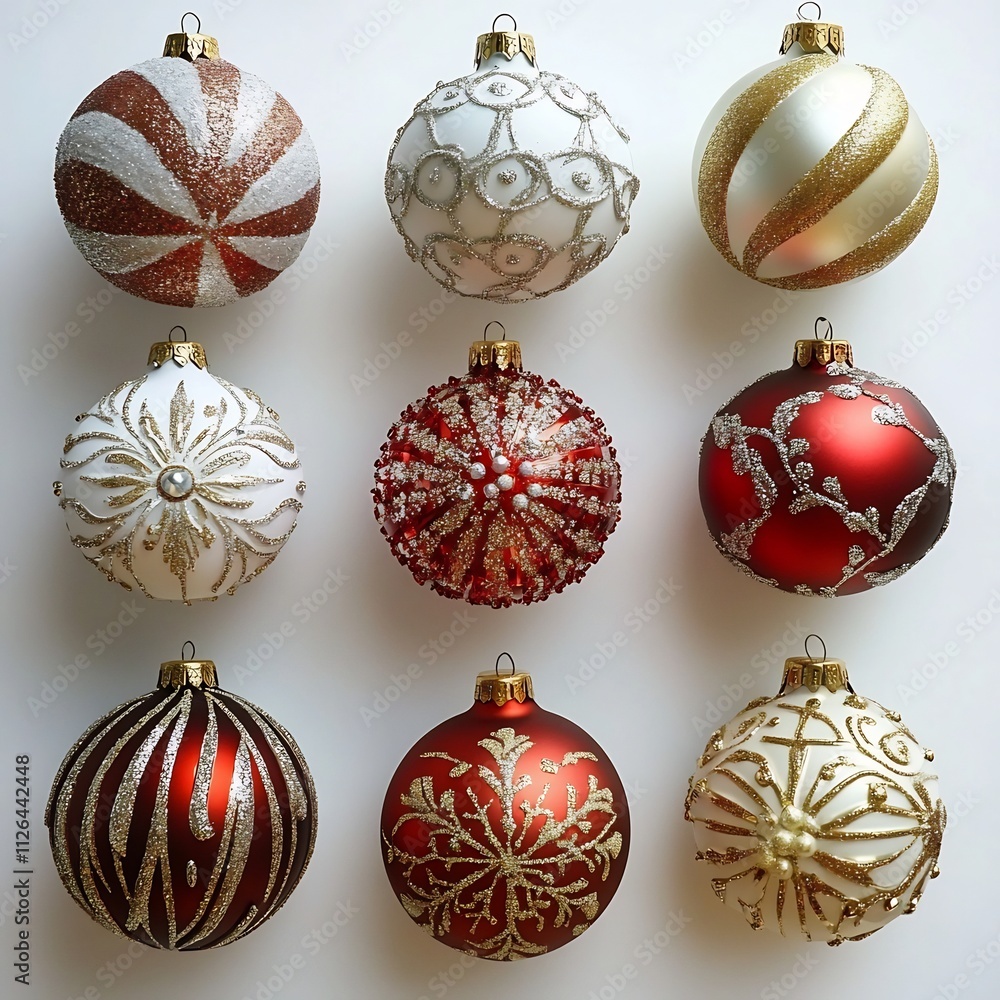 Elegant Collection of New Year Christmas Ornaments and on White Background Elegant Collection of New Year Christmas Ornaments and on White Background